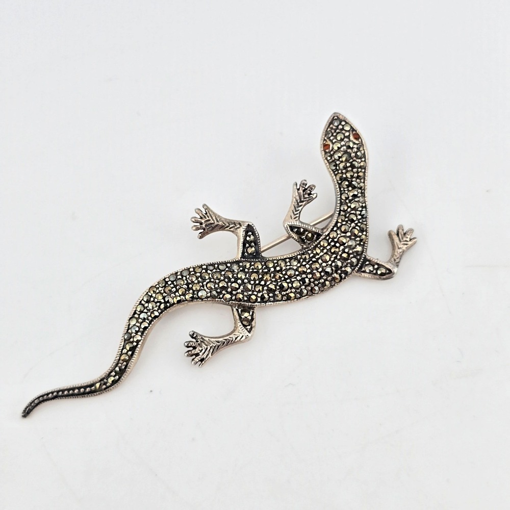 Vintage Signed Sterling Silver Marcasite Lizard‎ with Red Eyes Brooch